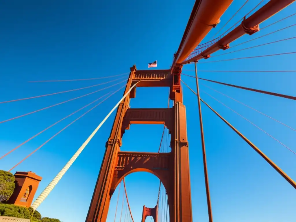 Vista detallada del icónico Puente Golden Gate en San Francisco bajo la cálida luz del sol