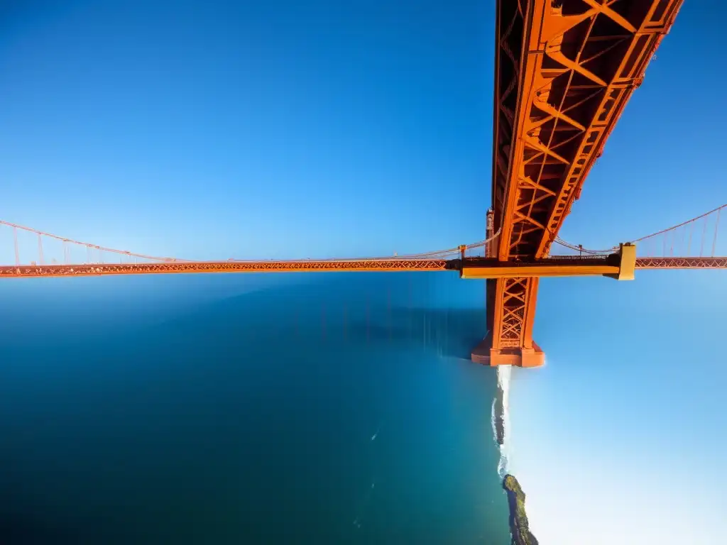 Vista detallada del icónico Puente Golden Gate en San Francisco, resaltando su color rojo-naranja contra el azul del océano y el cielo despejado