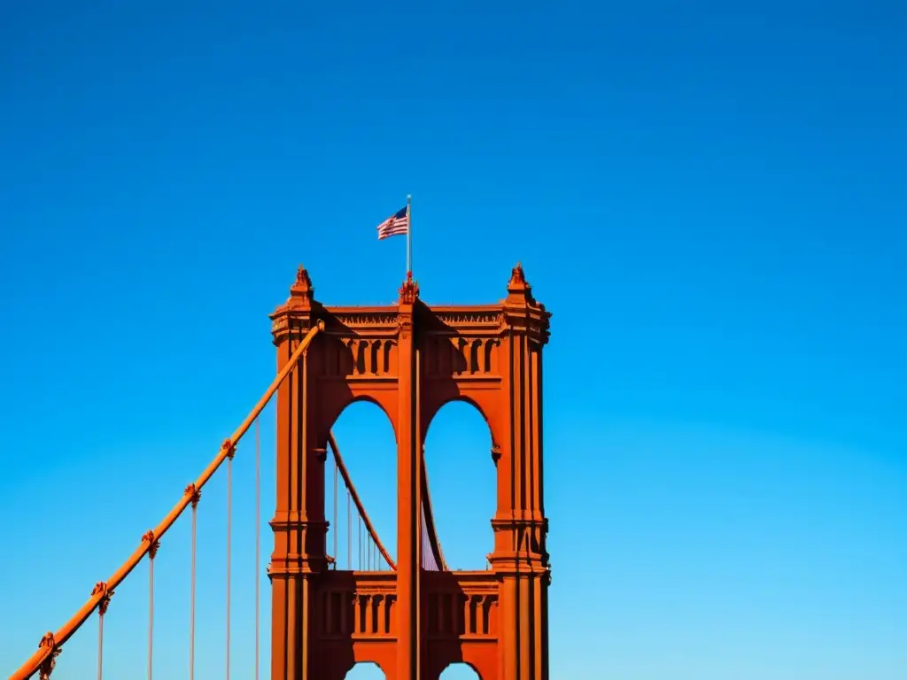 Vista detallada del puente Golden Gate en San Francisco, destacando su icónico color anaranjado y su arquitectura Art Deco