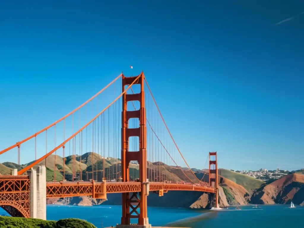 Vista detallada del icónico Puente Golden Gate en San Francisco, contrastando su color anaranjado con el azul del mar y el cielo