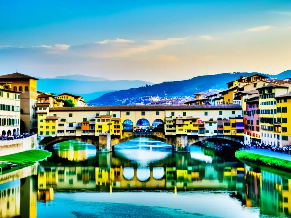 Vista detallada del icónico Puente Vecchio en Florencia, con eventos culturales y vibrante actividad en el atardecer