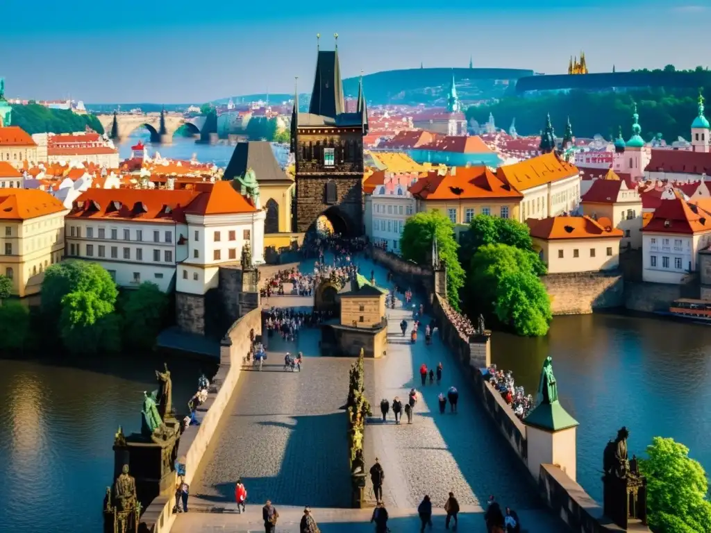 Vista detallada del icónico puente de Carlos en Praga, con su arquitectura gótica, estatuas y vida cotidiana