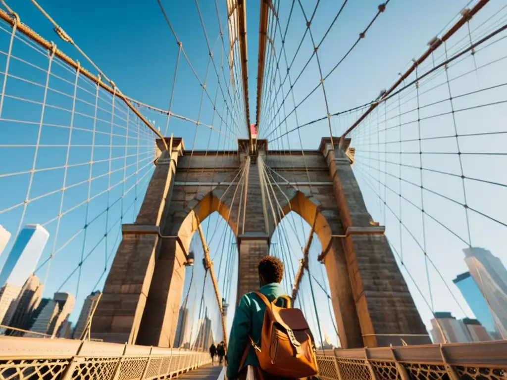 Vista detallada del icónico puente de Brooklyn, resaltando su historia, arquitectura y la ciudad al fondo