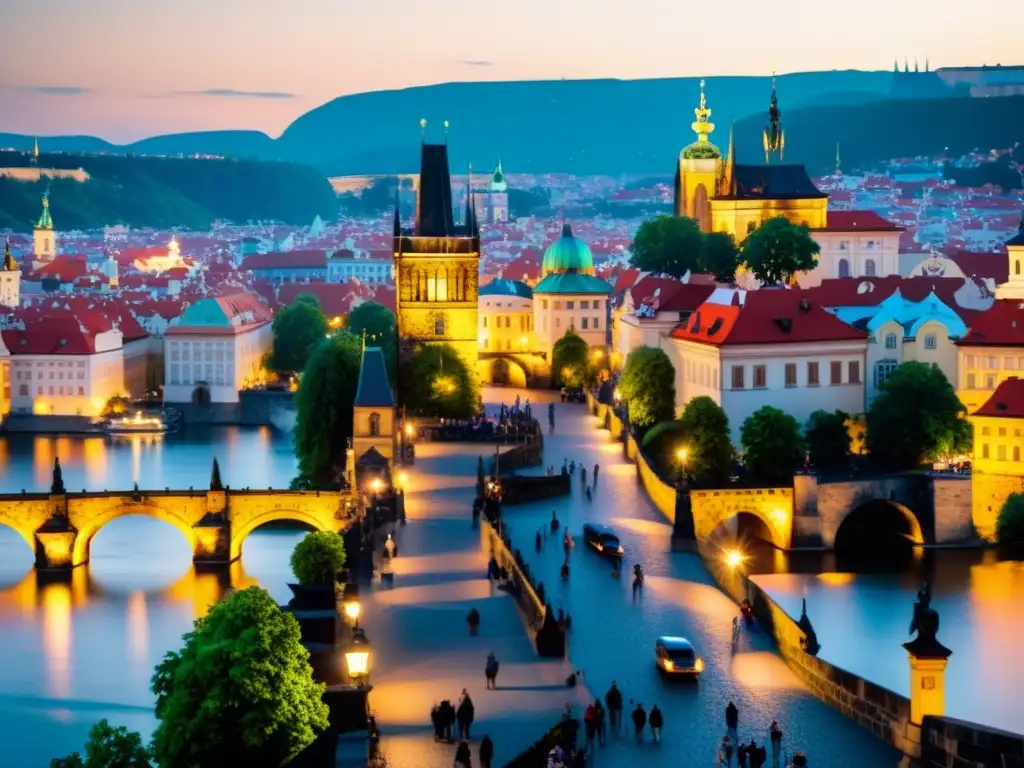 Vista detallada del icónico Puente de Carlos en Praga, con su arquitectura gótica, estatuas históricas y el río Vltava