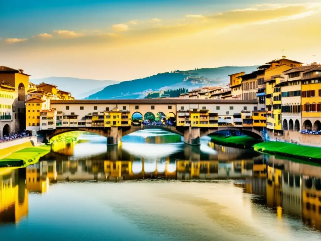 Vista detallada del icónico Puente Vecchio en Florencia, con sus antiguos arcos de piedra, tiendas y el río Arno