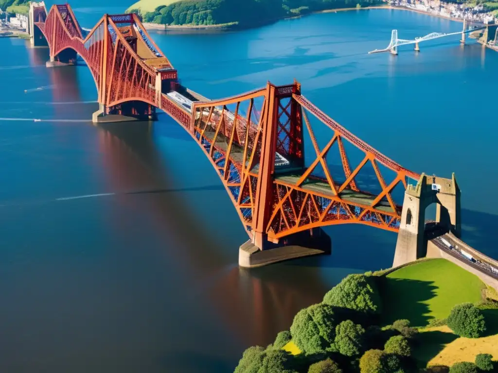 Vista detallada del icónico Puente de Forth, destacando su estructura roja, la ingeniería victoriana y el paisaje escocés