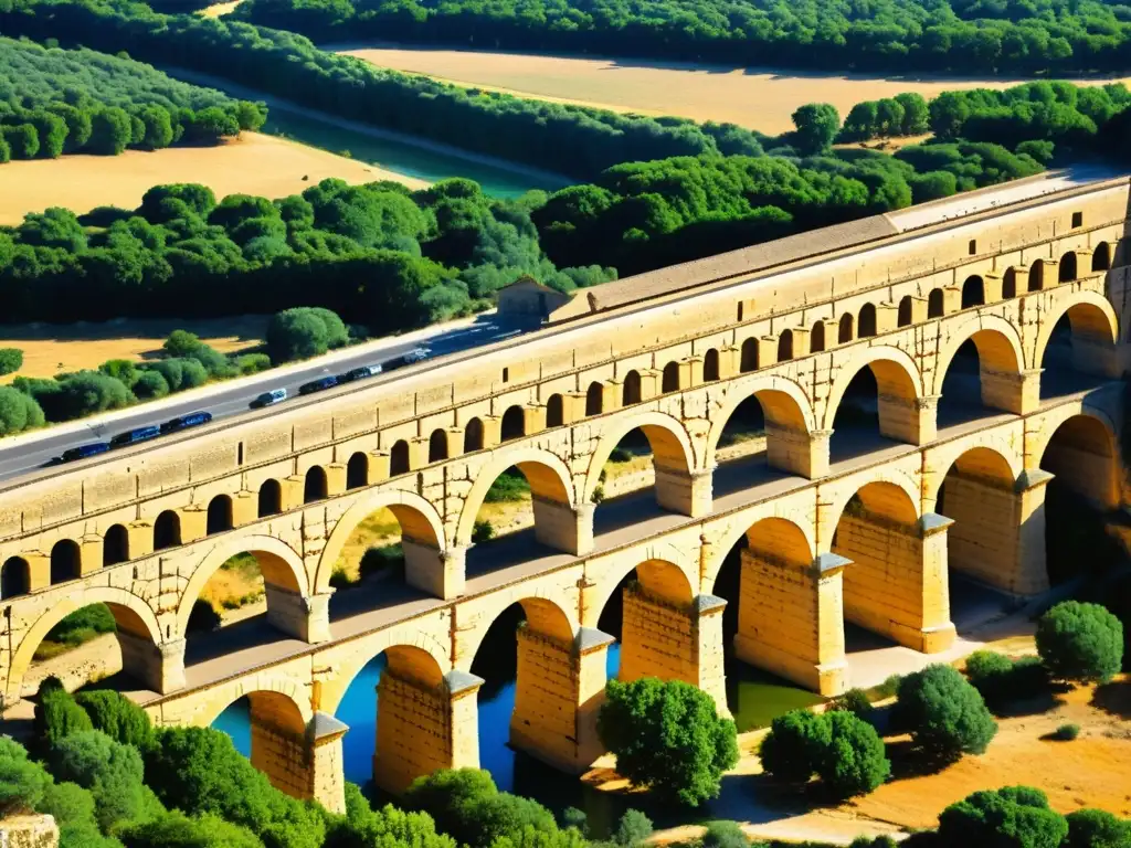 Vista detallada del icónico puente romano Pont du Gard en Francia, resaltando su belleza arquitectónica e histórica