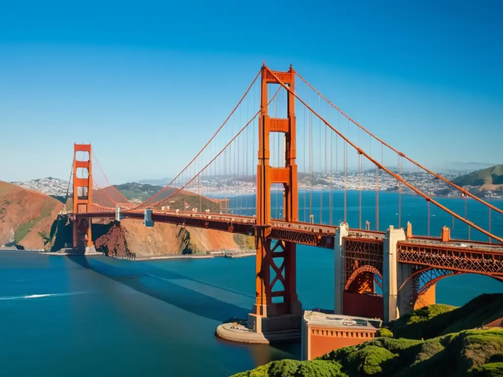 Vista detallada del icónico Puente Golden Gate en San Francisco, con sus torres rojizas y cables de acero