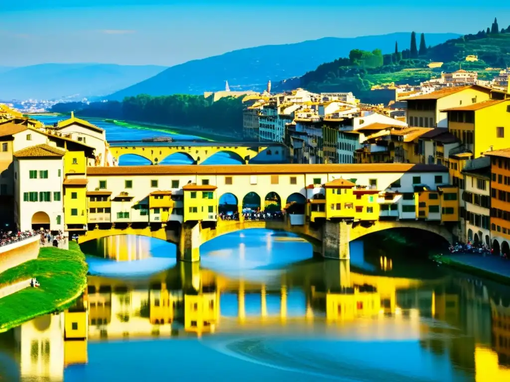 Vista detallada del impresionante y cultural Ponte Vecchio en Florencia, con su arquitectura y actividad dinámica