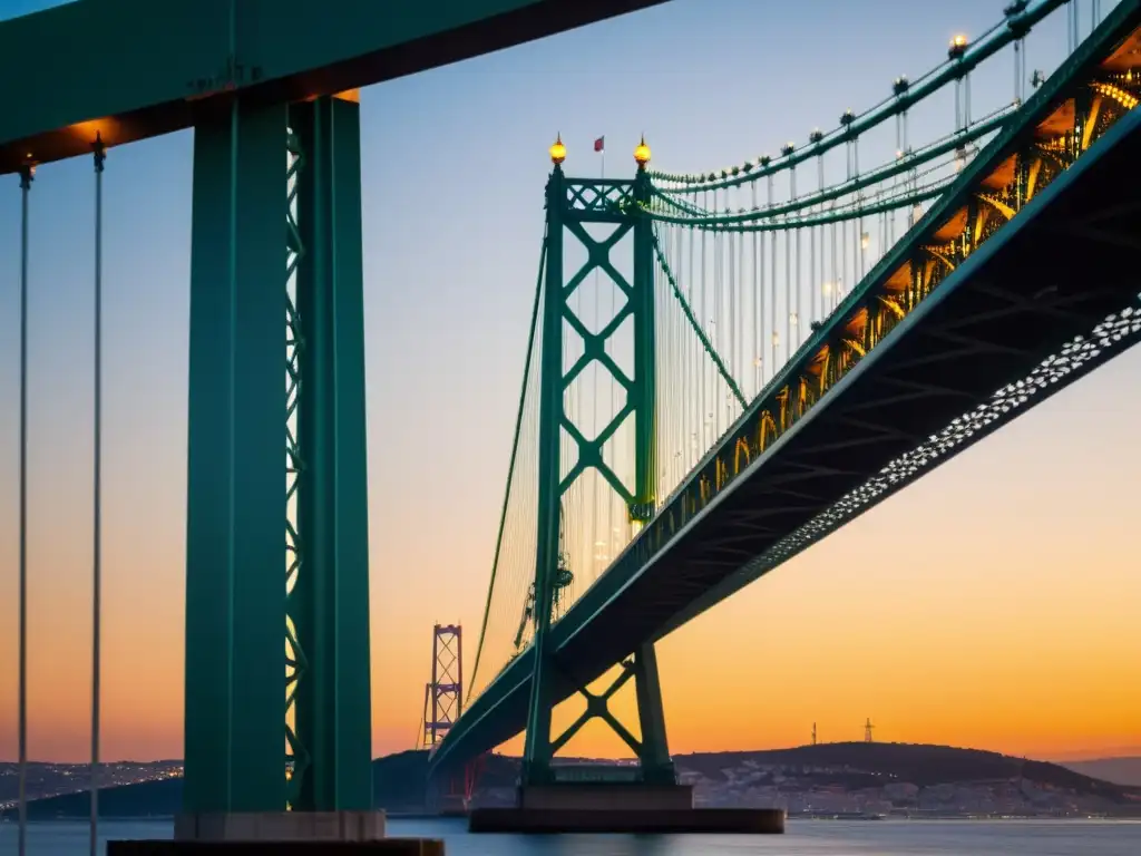 Vista detallada del impresionante puente Ponte 25 de Abril en Lisboa, Portugal, bañado por la cálida luz del atardecer