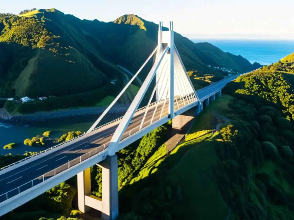 Vista detallada del impresionante Puente Te Rewa Rewa al amanecer en Nueva Plymouth, con cálida luz solar y maravillosos detalles arquitectónicos