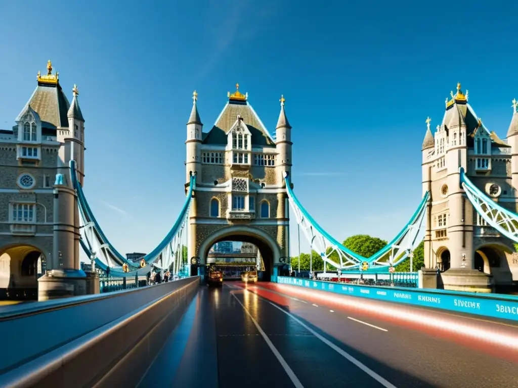 Vista detallada del icónico Tower Bridge de Londres, resplandeciendo bajo la luz del sol