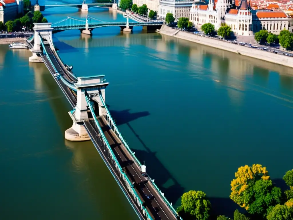 Vista detallada del majestuoso Puente de las Cadenas sobre el Danubio en Budapest, con turistas paseando