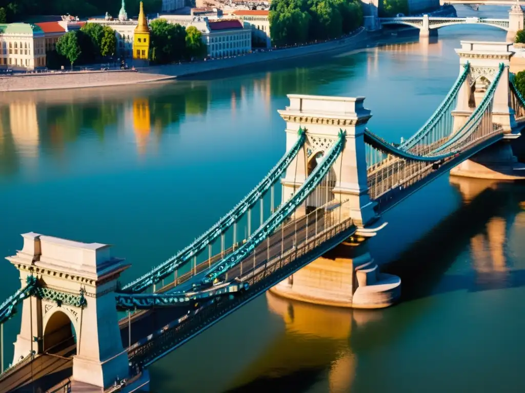 Una vista detallada del majestuoso Puente de las Cadenas en Budapest, con su arquitectura histórica y el río Danubio al fondo