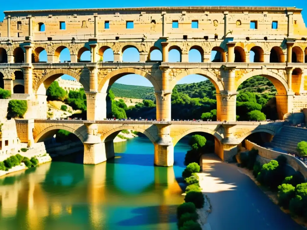 Vista detallada del Puente de Pont du Gard, acueducto romano, con sus impresionantes arcos y el río tranquilo debajo, bañado por la cálida luz del sol