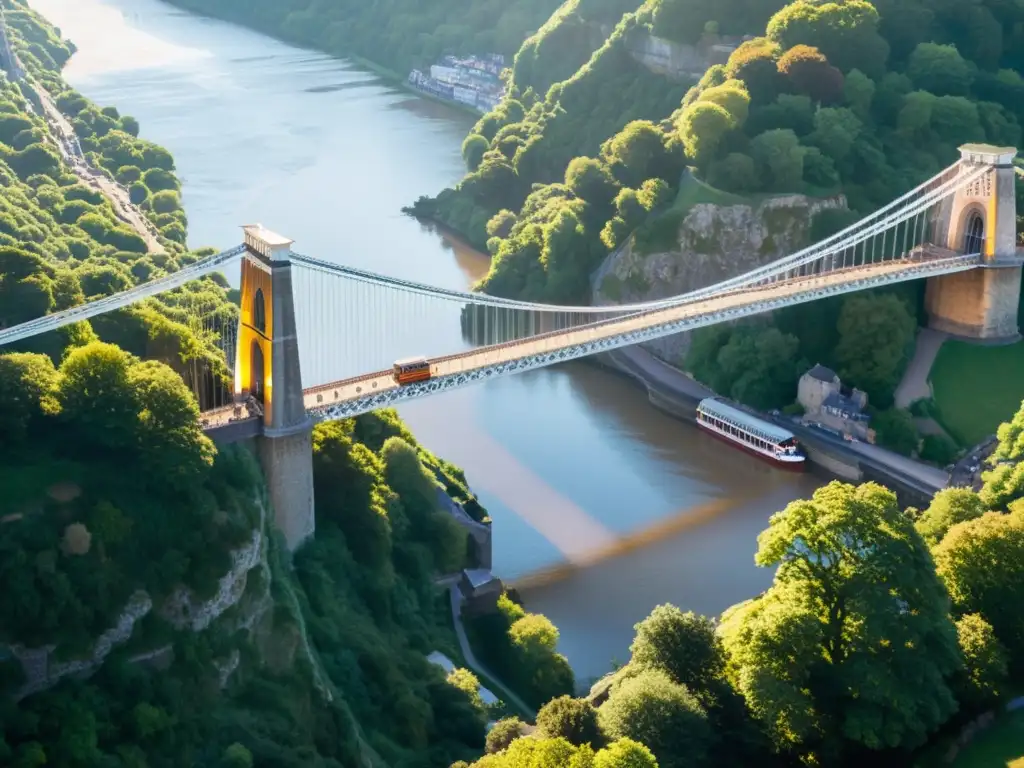 Vista detallada del Puente de Clifton, historia y arquitectura en un atardecer dorado sobre el Avon Gorge en Bristol