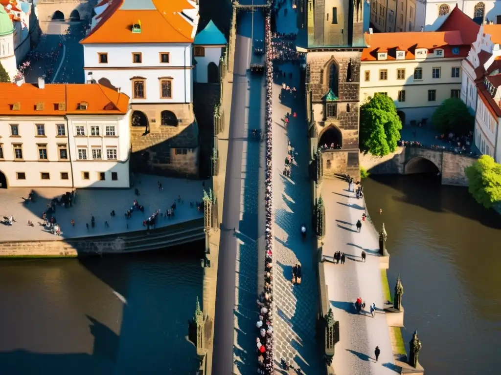 Vista detallada del Puente Carlos en Praga, con su arquitectura gótica y juego de luces y sombras, reflejando la vitalidad del puente histórico