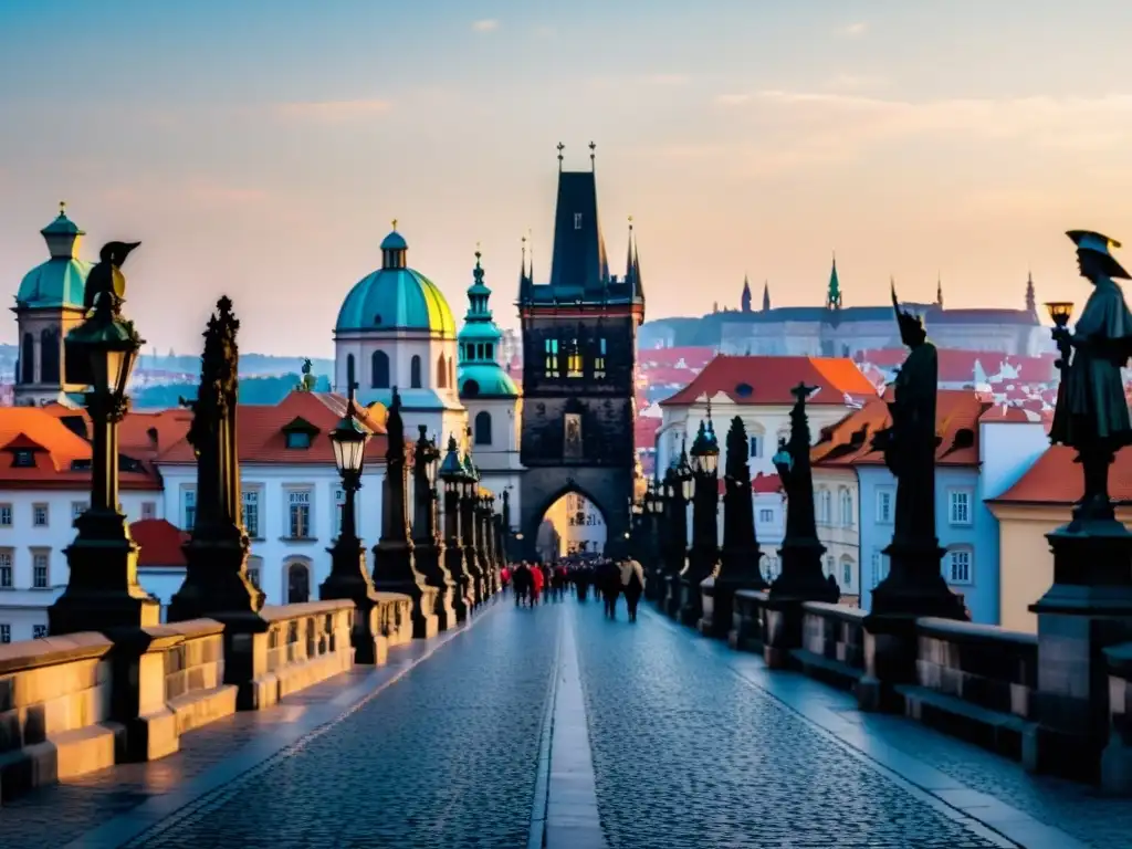 Vista detallada en 8k del Puente de Carlos en Praga, con su arquitectura gótica, estatuas barrocas y la actividad de turistas