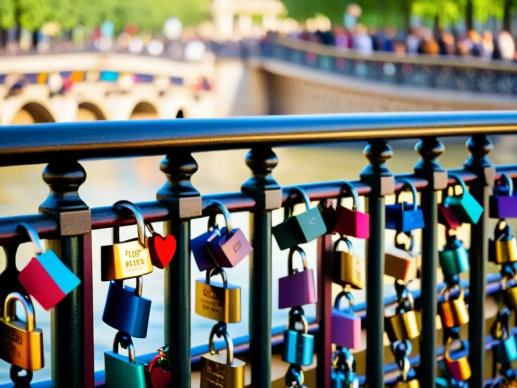 Vista detallada del Puente de las Artes en París, con los candados de amor y parejas paseando