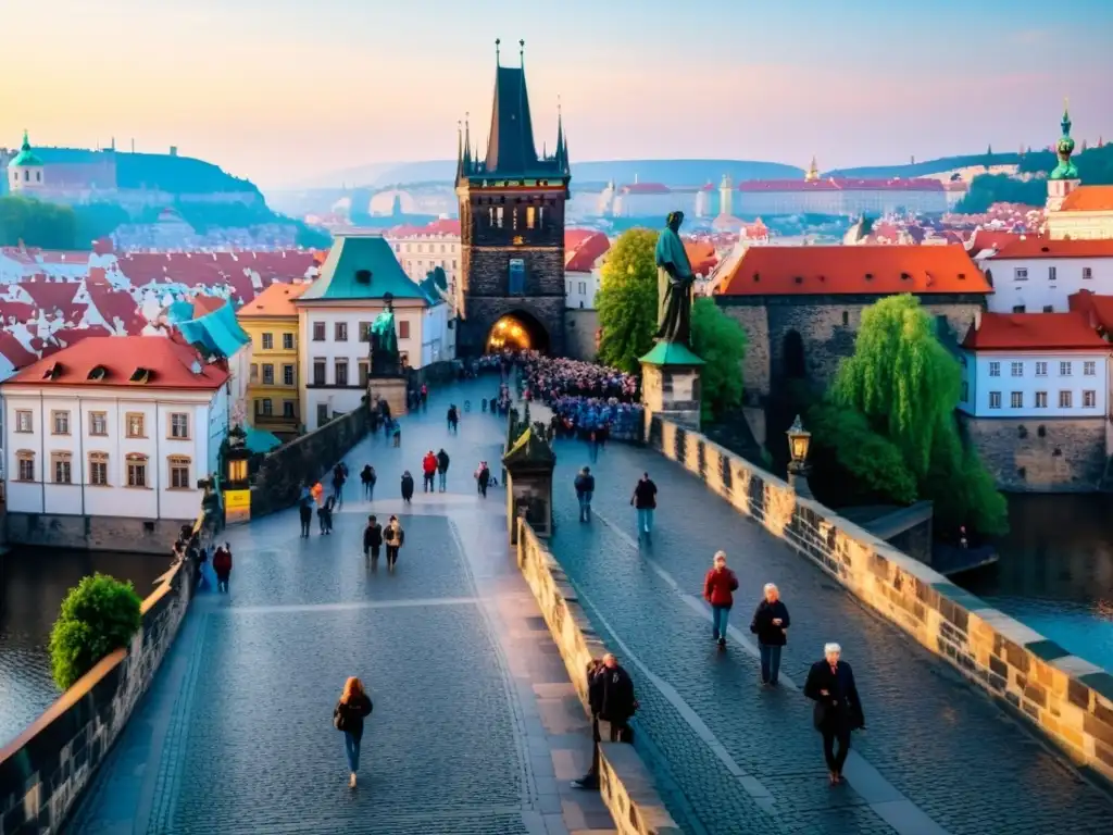 Vista detallada del Puente de Carlos en Praga al atardecer, con una luz cálida y etérea que realza su belleza histórica y arquitectónica