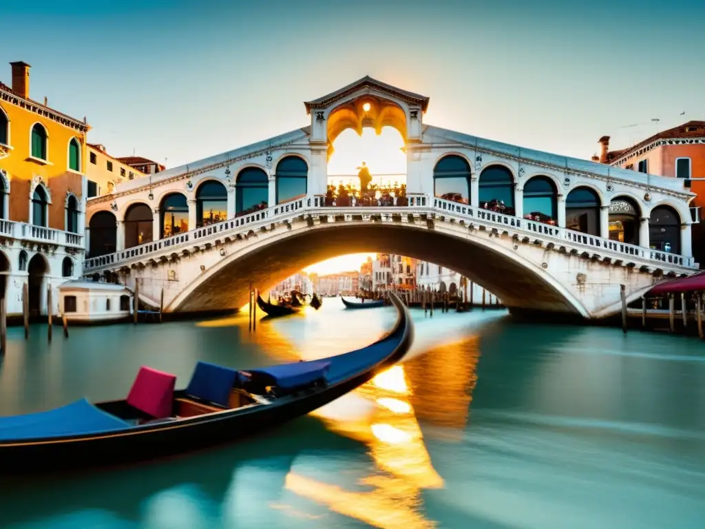 Vista detallada del Puente de Rialto en Venecia al atardecer, con góndolas en el Gran Canal