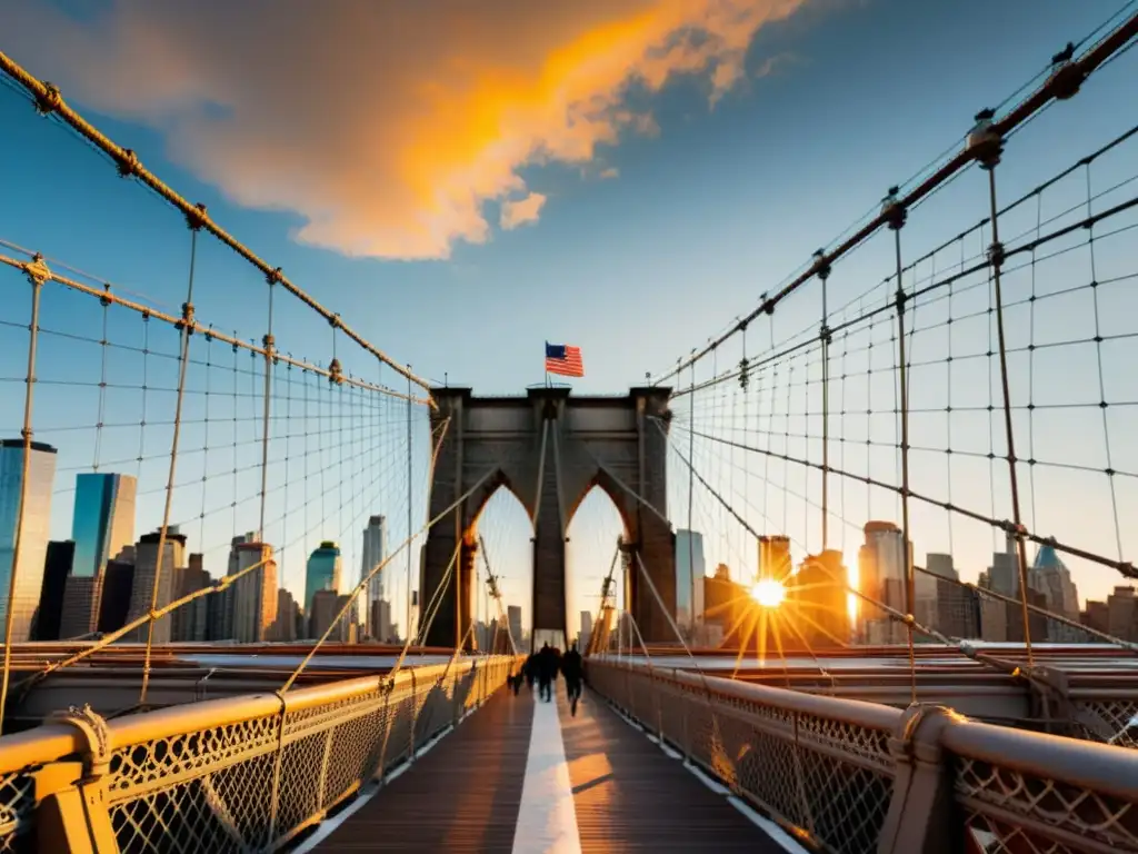 Vista detallada del Puente de Brooklyn al atardecer, resaltando su arquitectura icónica y la luz dorada del sol