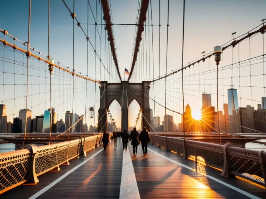 Vista detallada del Puente de Brooklyn al atardecer, con la icónica arquitectura gótica, cables de acero y la cálida luz del sol