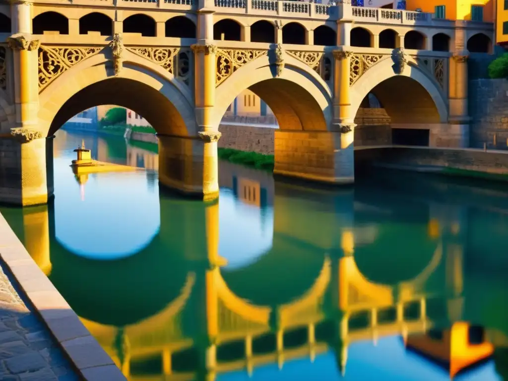 Vista detallada en 8k del Puente de la Magdalena en Pamplona, bañado por la cálida luz dorada del atardecer sobre el río Arga y exuberante vegetación