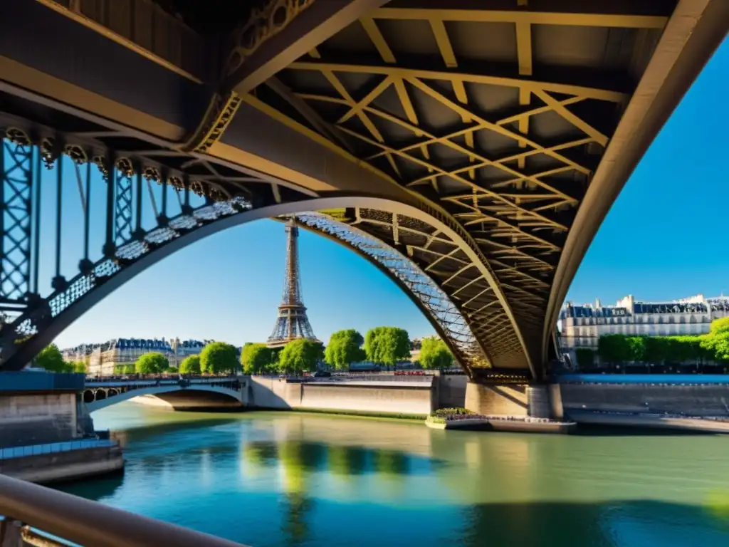 Vista detallada del Puente de BirHakeim en Paris, con la Torre Eiffel al fondo y el río Sena