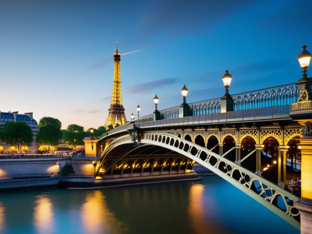 Vista detallada del Puente de BirHakeim en París, con la Torre Eiffel al fondo y el río Sena