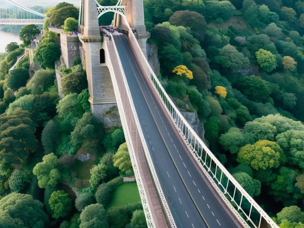 Vista detallada del Puente Colgante Clifton, con su historia arquitectónica única y elegancia atemporal capturadas en la suave luz del atardecer