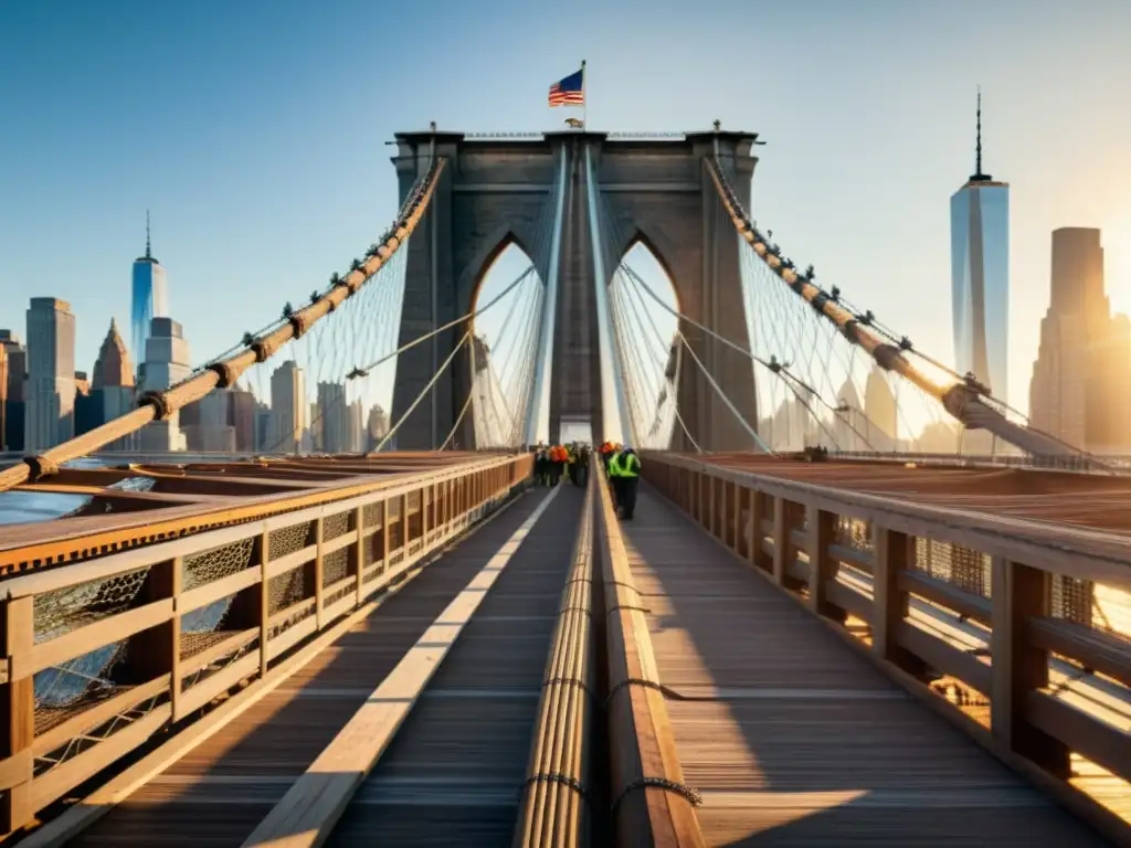 Vista detallada del Puente de Brooklyn en construcción en el siglo XIX