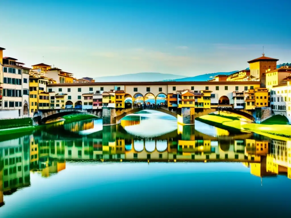 Vista detallada del Puente de Santa Trinita en Florencia, Italia, con arcos, esculturas y el río Arno, resaltando su historia artística