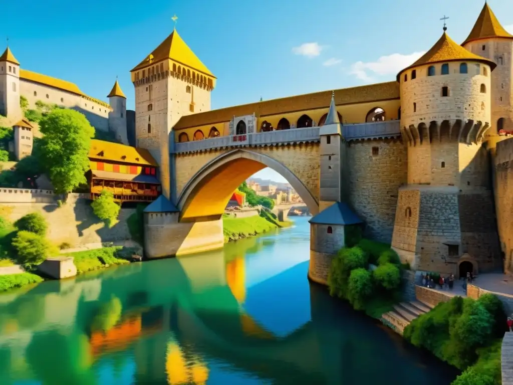 Vista detallada del Puente de la Capilla Lucerna en la historia medieval con paisaje natural y vida cotidiana vibrante