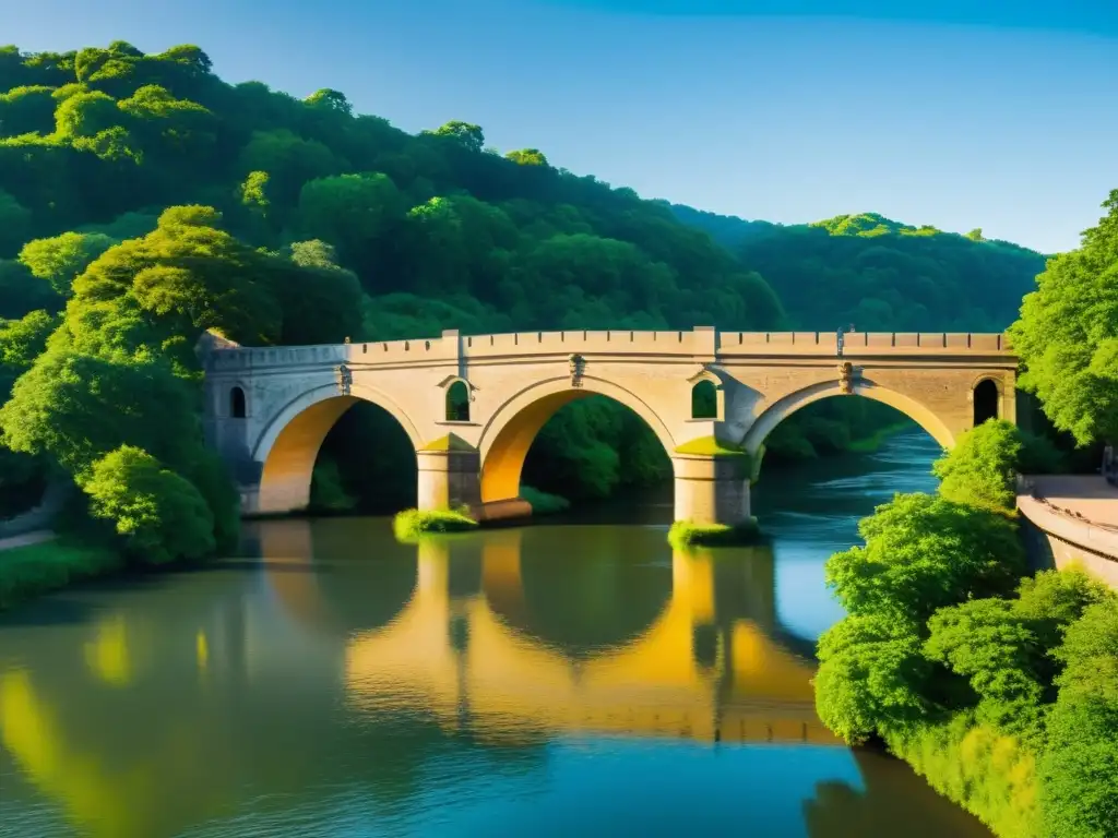 Vista detallada de un puente histórico reconstruido sobre un río, bañado por la cálida luz del sol