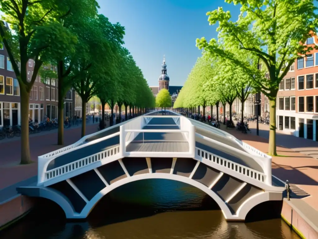 Vista detallada de puente impreso en 3D en Amsterdam, bañado por la luz cálida del sol, destacando su estructura geométrica y la actividad en él