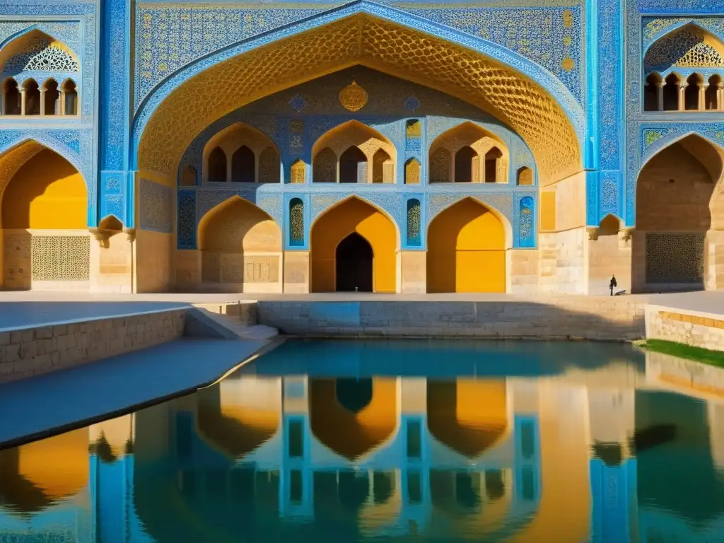 Vista detallada del Puente Khaju en Isfahan, Irán, con sus arcos, azulejos y reflejos en el río Zayandeh