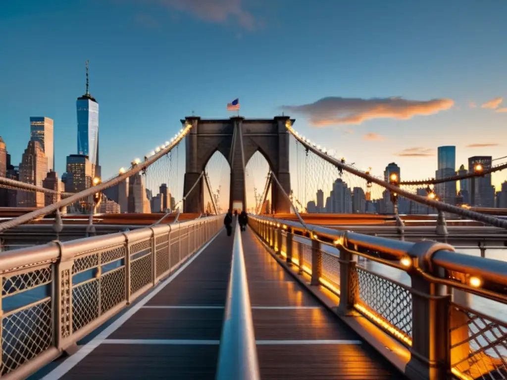 Vista detallada del Puente de Brooklyn al anochecer, con luces de la ciudad