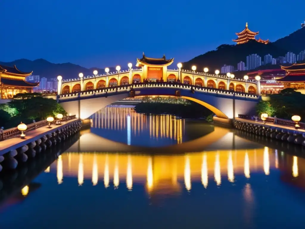 Vista detallada del Puente de la Luna en Taipei al anochecer, con diseño arquitectónico y luces de la ciudad, adornado con faroles tradicionales