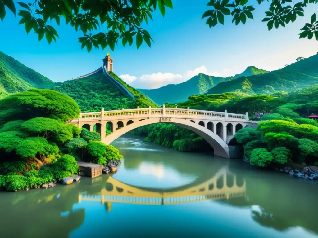 Vista detallada del Puente de la Luna en Taipei, rodeado de exuberante vegetación y aguas tranquilas, capturando su majestuosidad y serenidad