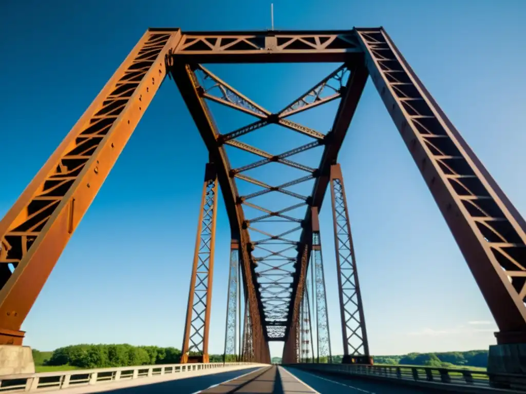 Vista detallada del Puente de Glienicke desde abajo, con luz solar filtrada entre las vigas de acero