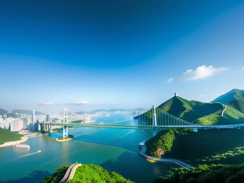 Vista detallada del Puente de Tsing Ma Hong Kong, majestuosa estructura de ingeniería moderna en contraste con el paisaje natural