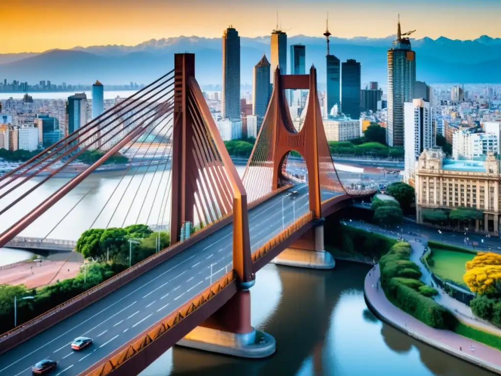 Vista detallada en 8k del Puente de la Mujer en Buenos Aires, resaltando el acero CORTEN en puentes icónicos y su contraste con el skyline urbano