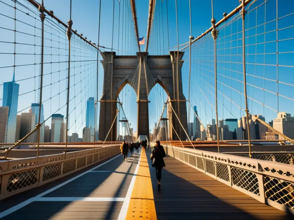 Vista detallada del puente de Brooklyn en realidad aumentada, con sus cables de acero y la ciudad al fondo, mostrando vida y escala