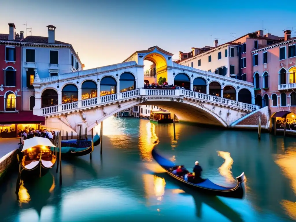 Vista detallada del Puente de Rialto al atardecer sobre el Gran Canal de Venecia, con góndolas y vaporettos navegando bajo sus arcos centenarios