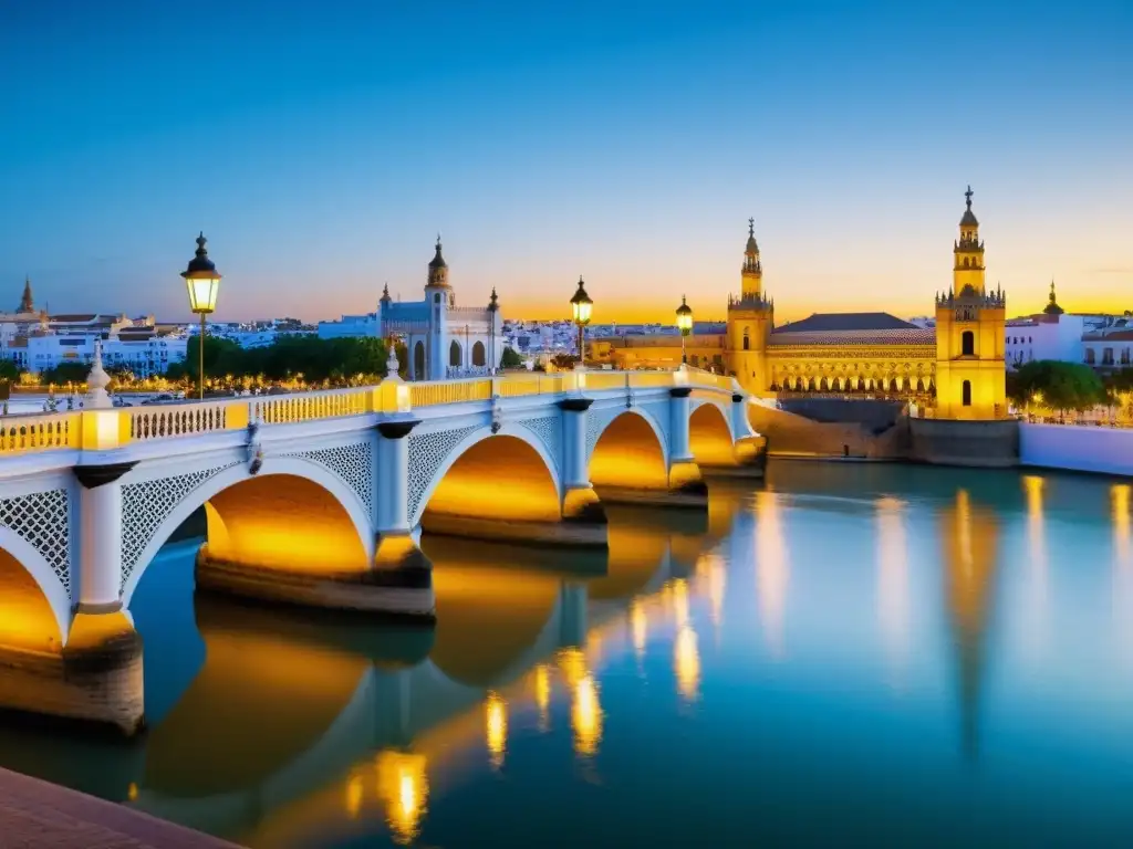 Vista detallada del Puente de Triana en Sevilla, resaltando su rica cultura y arquitectura, con el río Guadalquivir y el vibrante horizonte de la ciudad de fondo