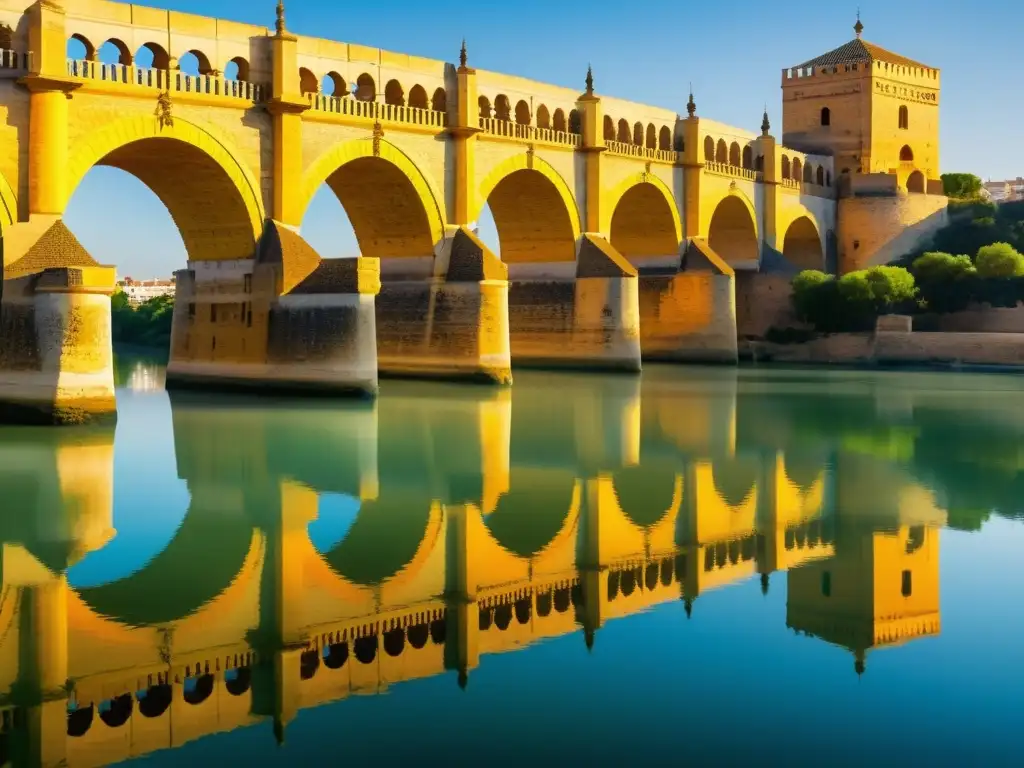 Vista detallada del Puente Romano de Córdoba bañado en luz dorada, con arcos romanos y reflejos en el río Guadalquivir, historia puente romano Córdoba