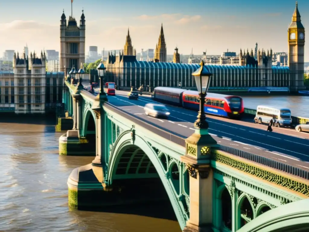 Vista detallada del Puente de Westminster con el skyline de Londres al fondo, resaltando su historia y belleza atemporal