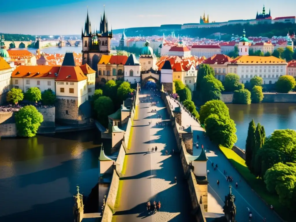 Vista detallada del Puente de Carlos en Praga, con skyline moderno al fondo