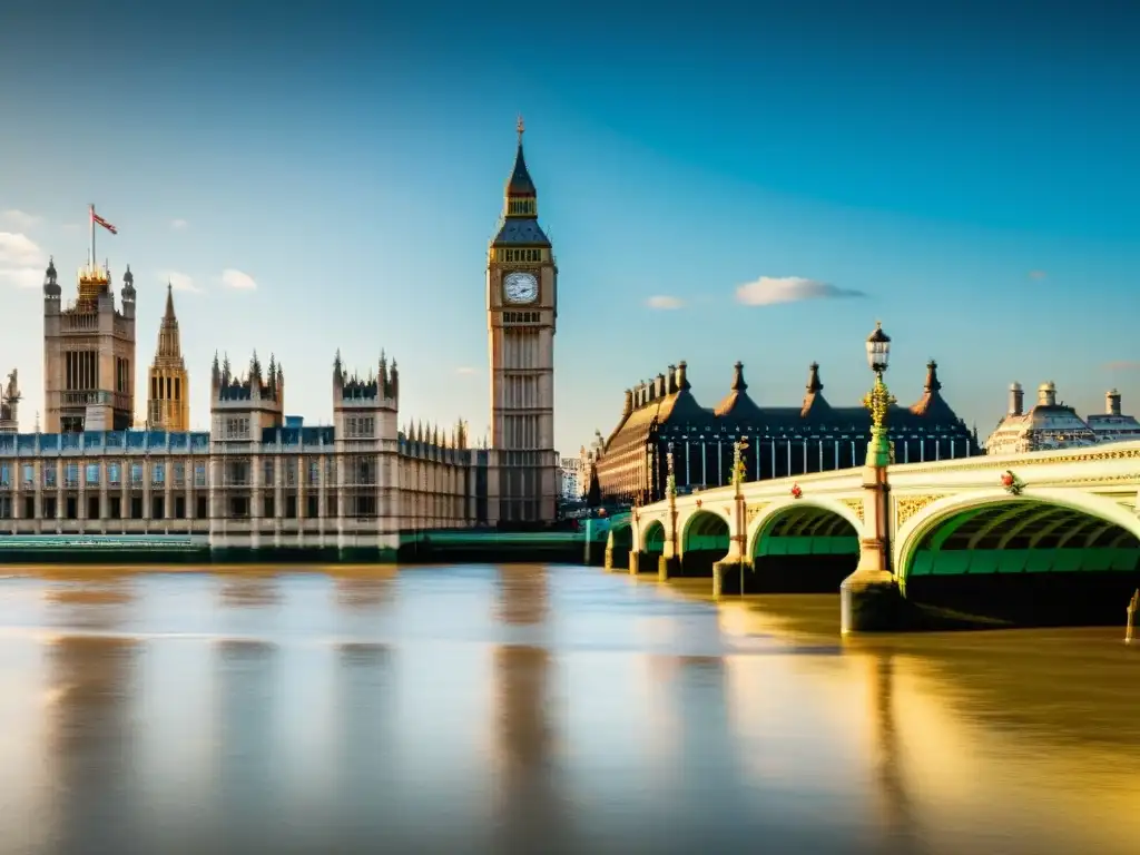 Vista detallada del Puente de Westminster sobre el Támesis, con Big Ben y el Parlamento en el fondo, reflejos de luz en el río